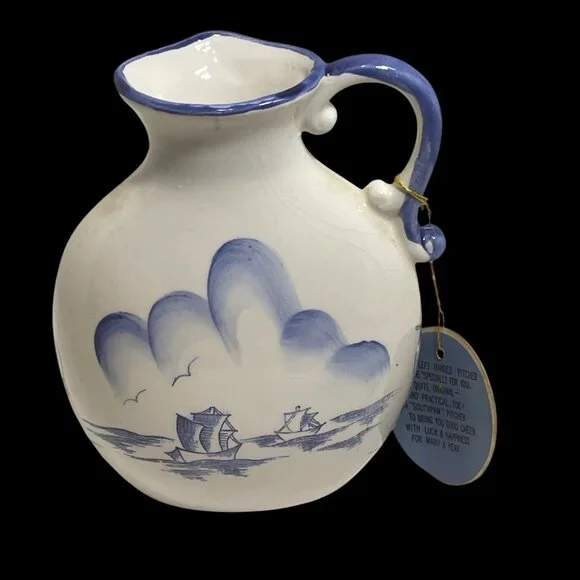 Left-Handed Ceramic Pitcher With Blue & White Nautical Design 5